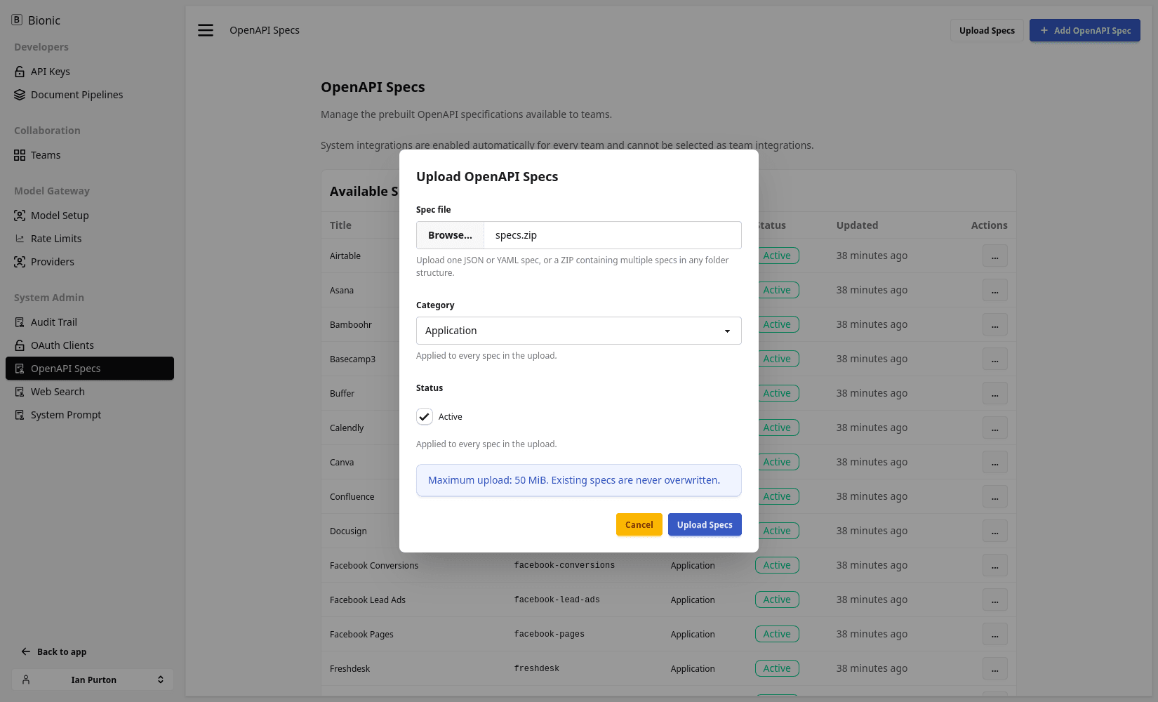 Uploading a ZIP file of OpenAPI specifications into an AI platform