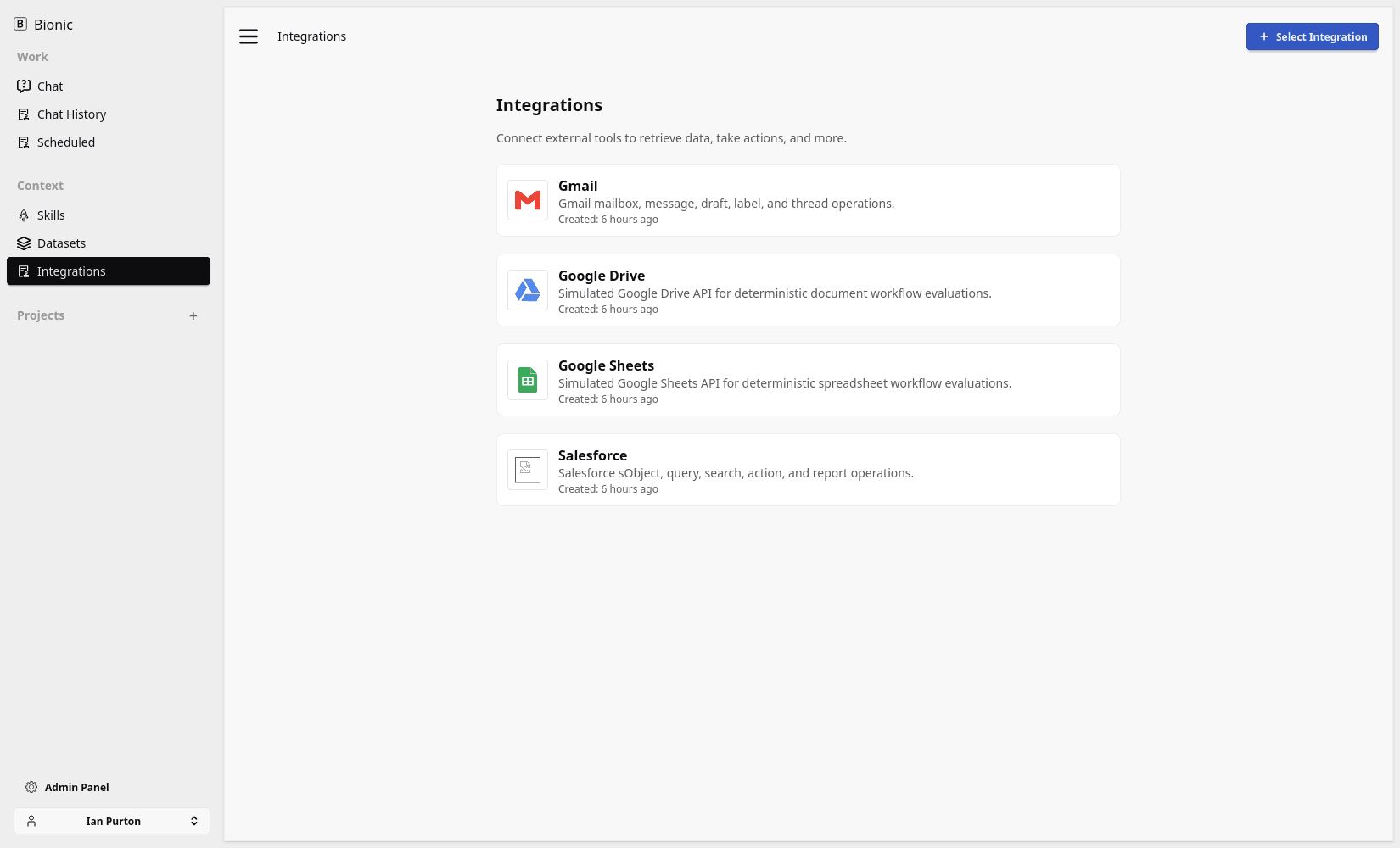 Selecting the uploaded API integrations for use in the AI platform