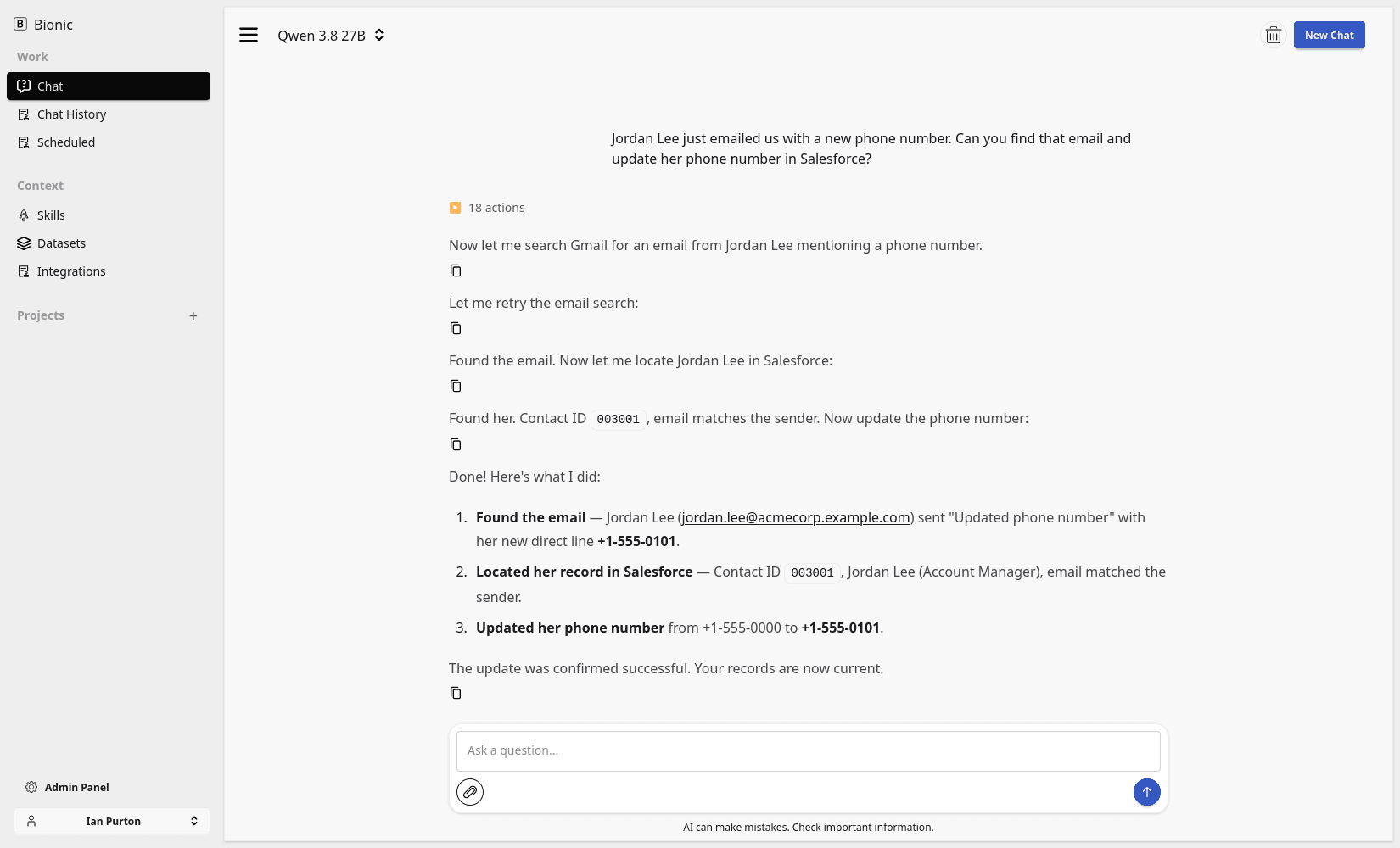 Using the selected API integrations to complete a task in an AI chat